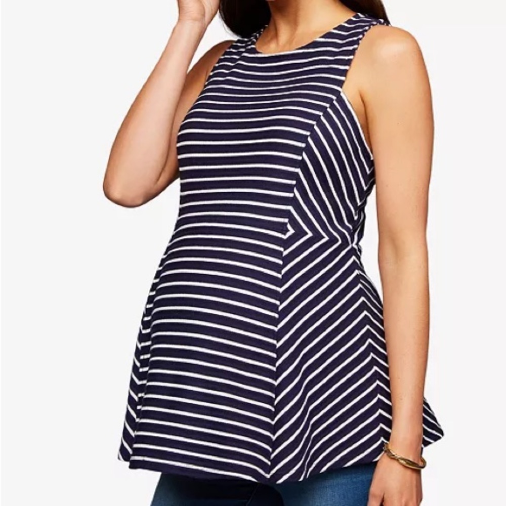 NWT A Pea in the Pod Maternity Stripe Peplum Top, XS, Navy and White
